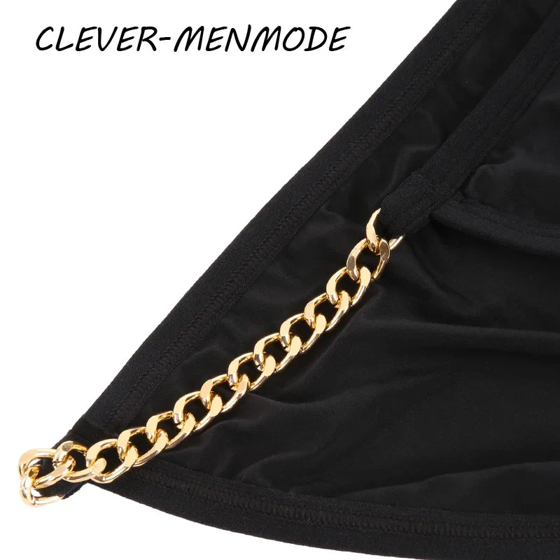 Men's Sexy Ultra Thin Low Rise High Slit Thong Metal Chain Low Rise G String Briefs Exotic Mini Micro Panties 18+ Adult Lingerie