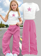 New Summer 2-Piece Set: Star-Print Slim-Fit Crew-Neck Short-Sleeve T-Shirt & Wide-Leg Pants (Stylish Casual Set for Girls)