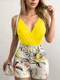 2025 Women'Camisole Vest+Shorts 2-Piece Sets 2025 Summer Sexy Slim Female V-neck Plant Print Short Pants Suits With Belt S-XXL
