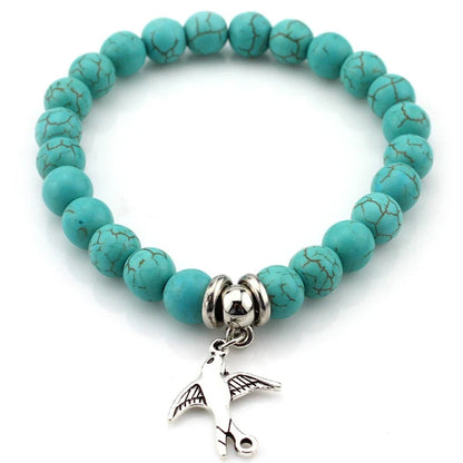 FTCY Women Bohemian Beaded Bracelet Fashion Turquoise Natural Stone Anti-Stress Yoga Geometric Pendant Elastic Cord Hand Chains