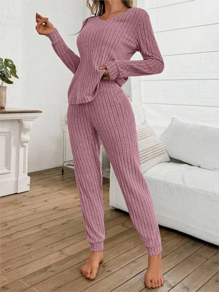 Casual V-Neck Knitted Pit Strip T-Shirt Long-Sleeved Womes Suit Autumn