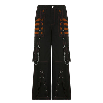 Women Fall Winter Cargo Jeans Striped Zipper Button Closure Loose Casual Trousers Streetwear with Pockets