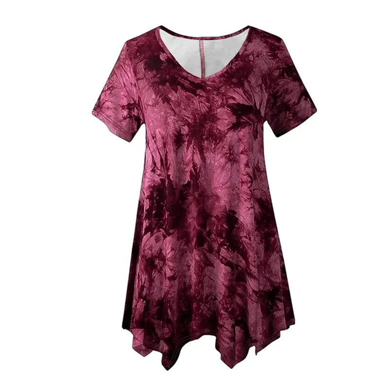 5XL Plus Size Woman Clothing Tie Dye Short Sleeve T-Shirt Casual New V