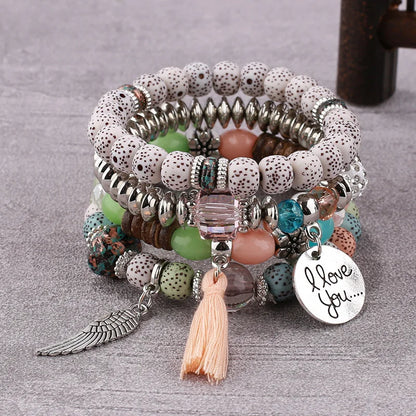 4Pcs Bohemian Women Pink Tassel Bracelet Set For Female I Love You Feather Round Charm Beads Chain Bangle Fashion Party Jewelry