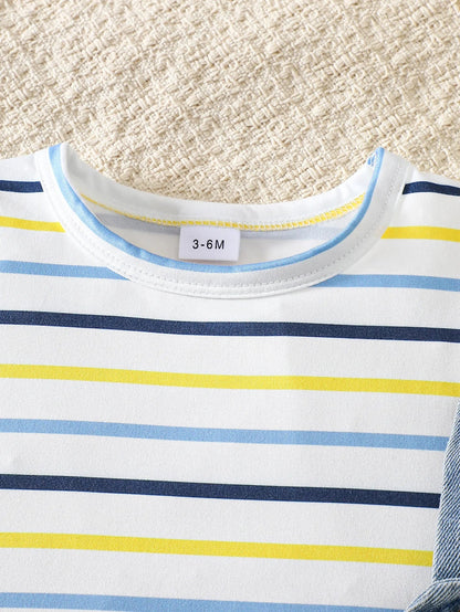 Baby Boy Striped Short-Sleeved T-Shirt + Bear Denim Overalls Shorts