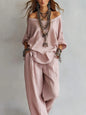 Summer New Casual Loose Linen Women's Two Piece Set Three-quarter Sleeve Off Shoulder Top Wide Leg Pants Suit Women Clothing