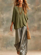Fashion Women Trousers Suits Loose Round Neck Batwing Sleeve Knit T-shirt with Satin Wide-leg Pants Autumn Elegant Two Piece Set
