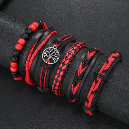 Punk Casual Bead6 Pc/set Tree Black Khaki Handmade Men Bracelets Male Women Leather Bracelets Men Bangle Wholesale Jewelry Gift