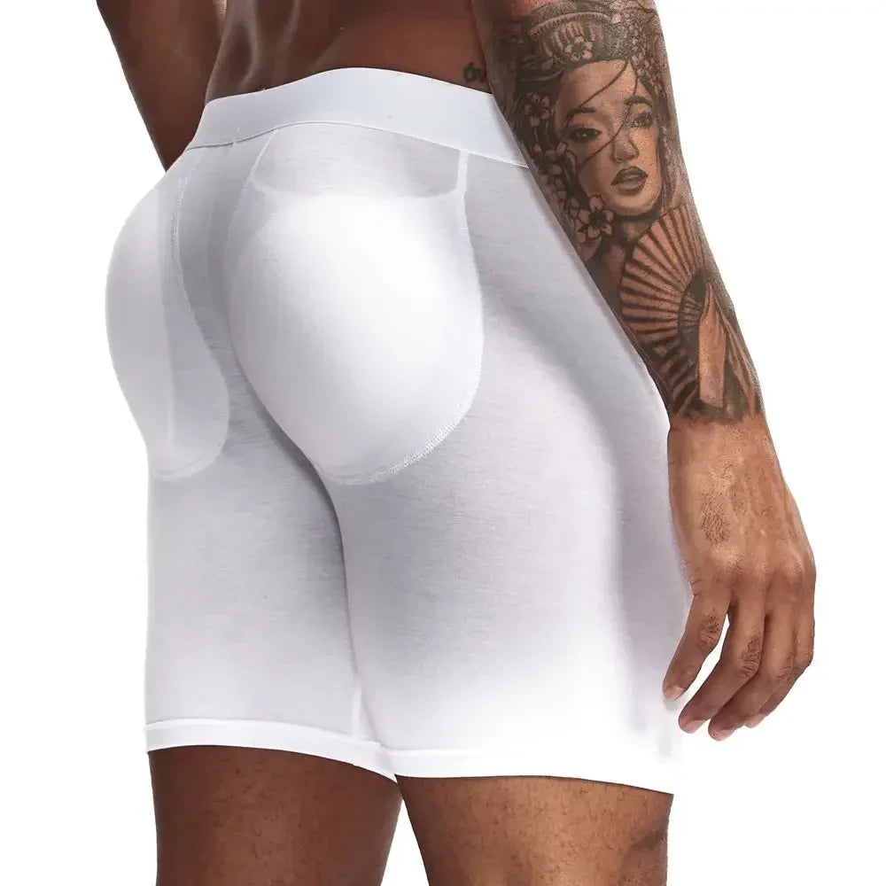 Men Sexy Padded Long Boxer Underwear Butt-Enhancing Trunk with Removable Two Pads Butt Lifter Pouch Shorts Gay Male Panties
