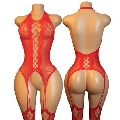Desire Night EroticOpen Back Bras BodySuits Hanging Neck Bodystockings Crotchless Lingerie Women Sexy Mesh Hollow Underwear Set