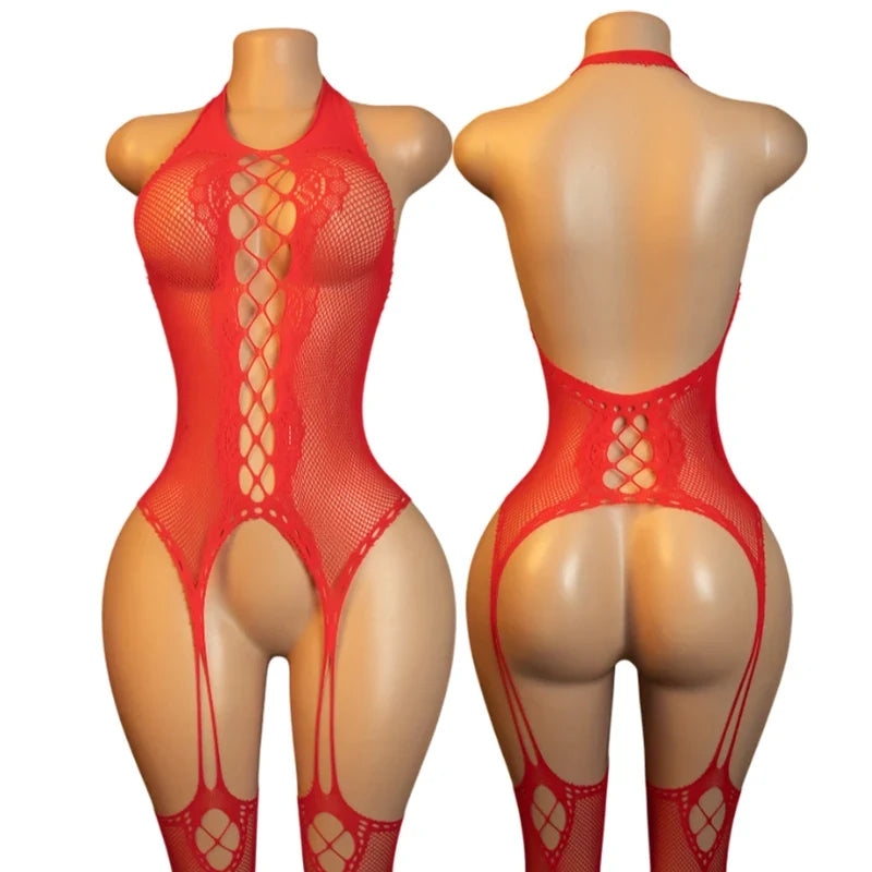 Hanging Neck Bodystockings Erotic Crotchless Lingerie Women Fishnet  Adult See Through Bodysuit Open Bra Porn Desire Underwear