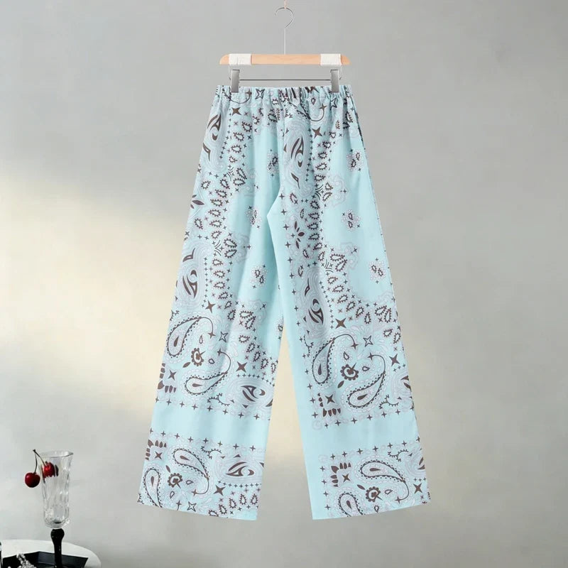 Casual Printed Women's Shirt Trouser Suits Lace Up Long Sleeve Loose