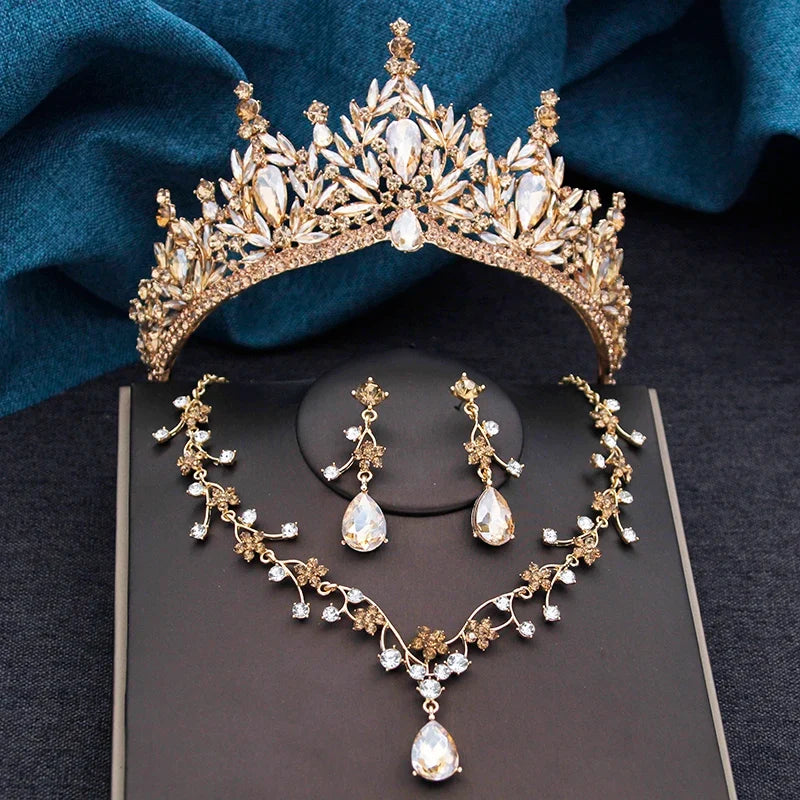 Baroque Wedding Crown for Bride 3-Pack Tiara Earrings Necklace Bridal