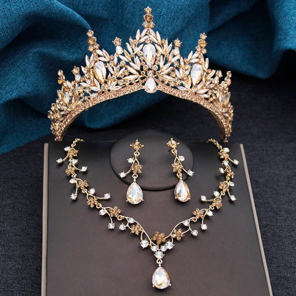 Baroque Wedding Crown for Bride 3-Pack Tiara Earrings Necklace Bridal