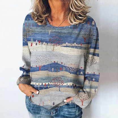 Women's Natural Scenery Printed Long Sleeve T-Shirt Casual Ladies Tops Daily Loose Clothes Retro Casual Fashion Ladies T-Shirt