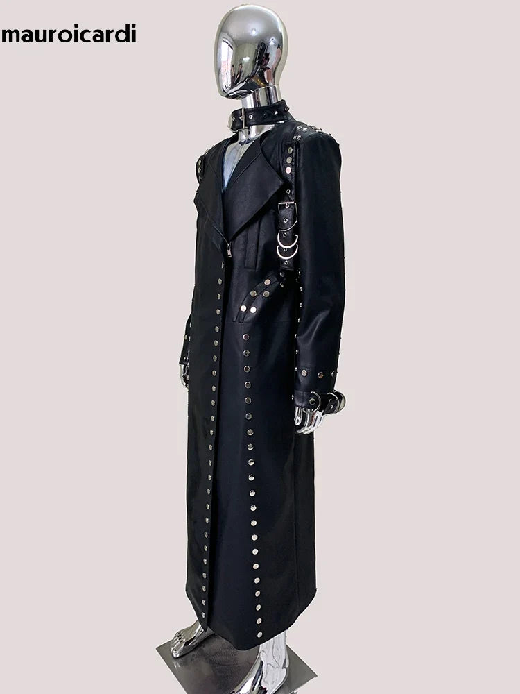 Men’s Luxury Black PU Leather Trench Coat – Rivet Punk Designer Jacket | Longline Streetwear Overcoat (Spring/Fall)