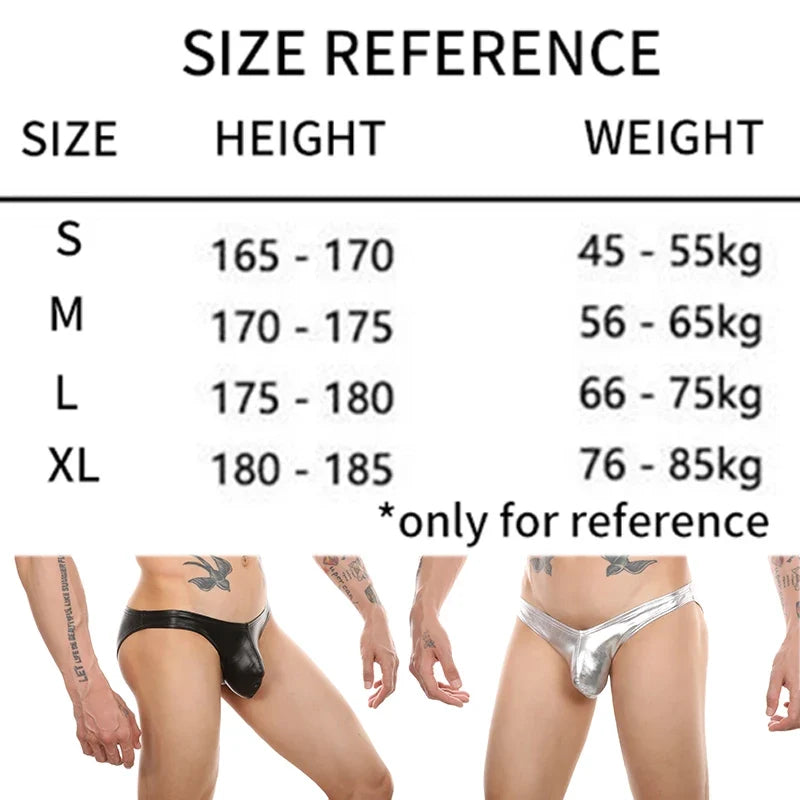 Men's Sexy PU Glossy Finish Briefs Ultra Low Faux Leather Underwear Bulge Penis Pouch Underpants U Convex Bikini Exotic Costume