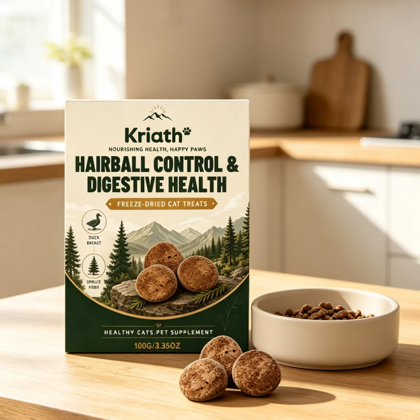 Kriath Freeze Dried Cat Treats Hairball Control Digestive Health Nutritional Balance Gentle Natural Ingredients Cat Supplement