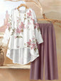 Fashionable New Women's Floral Print Casual Long-Sleeve Round-Neck Irregular Hem Top and Solid Color Pants Set - Spring/Summer Random Print Pattern Two-Piece Set