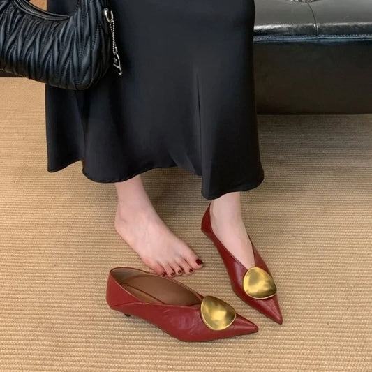 2025all-Match Gold Pointed-Toe Metal Buckle Single Shoes Women Wear