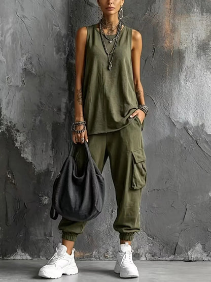 Boho Vacation Summer Sport Outfits Woman O Neck Sleeveless Top Big