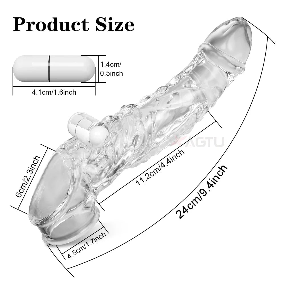 Bullet Vibrator Ring Clear Cock Ring Extender Reusable Penis Sleeve Ultra-Soft Enlarger for Couples Vibrating Dildo Sex Toys Men