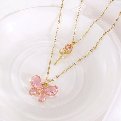 Elegant Pink Crystal Butterfly Necklace for Women High-End Zircon Flower Pendant Fashionable Jewelry Gift