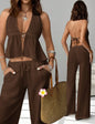 Fashion White Woman 2 Piece Set Outfit Spring And Summer Women's Halter Neck Strap Sexy Backless Sleeveless Vest Slim Suit
