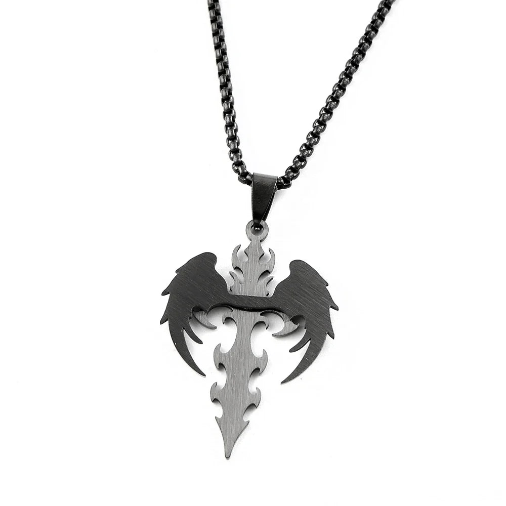Gothic Punk Angle Wing Spiked Cross Pendant Necklace For Women Men Stainless Steel Black Color Hip Hop Chain Protection Jewelry