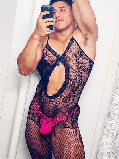 New Sexy Halter Men Fishnet Bodystockings Women Erotic Lingerie Open Crotch White Crotchless Teddies Bodysuit Underwear Costumes