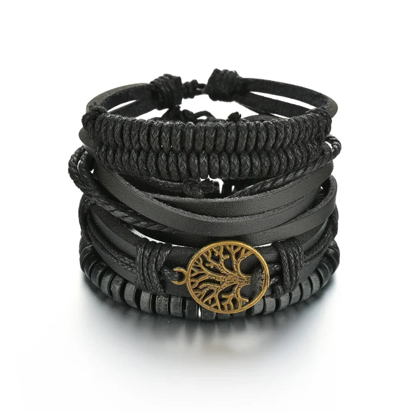 MeMolissa 3/4Pcs/ Set Braided Wrap Leather Bracelet for Men Vintage Life Tree Guitar Wood Beads Fashion Male Bracelets Wristband