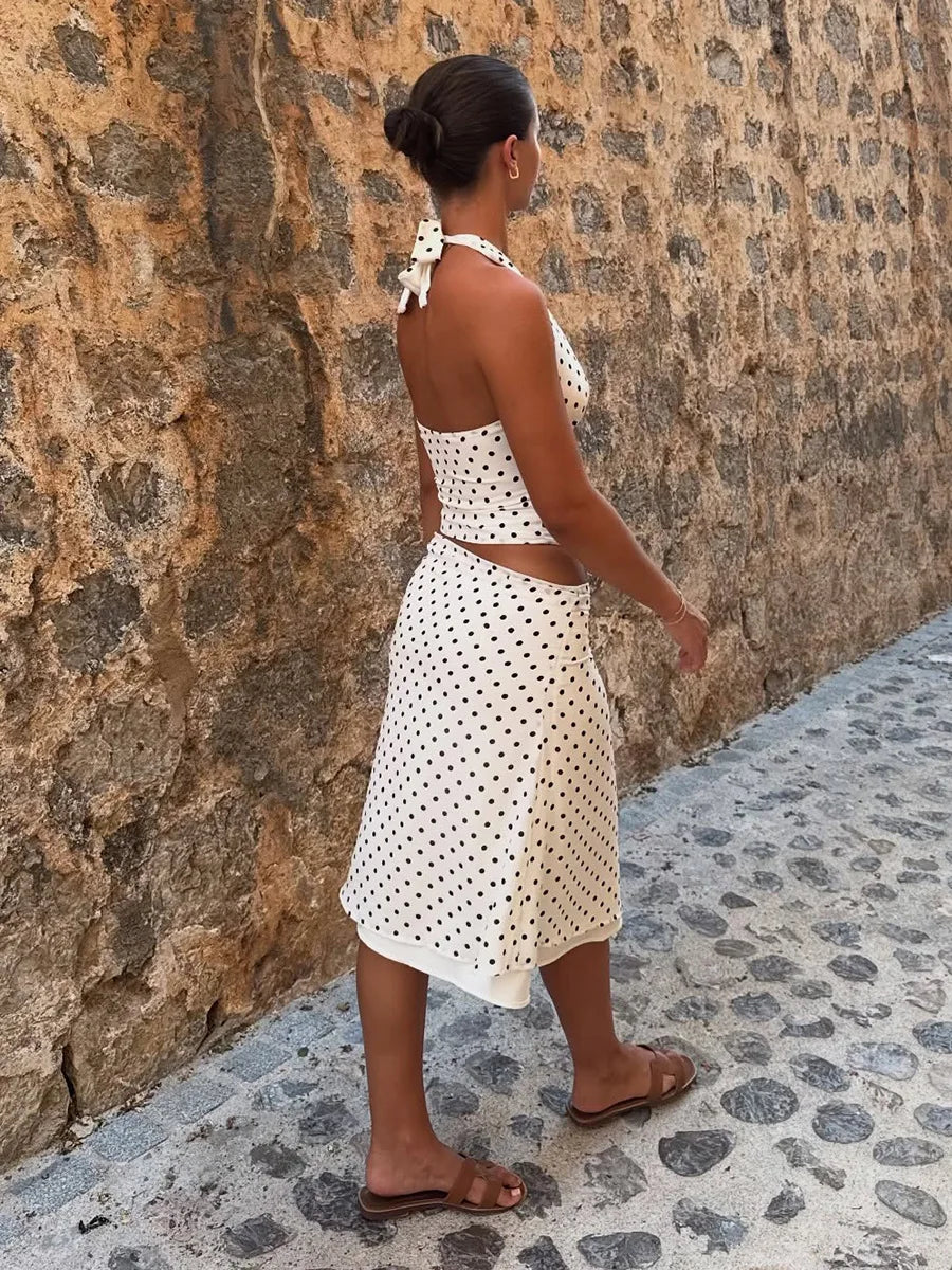 Bornladies Polka Dot Skirt Set Women's Retro Hot Girl Style Lace-Up