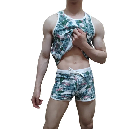 Sets Men's Tank Top Men's Sleeveless Top and Swimming Trunks Short Beach Pants Ice Silk Print Comfortable Fashion Outdoor Sports