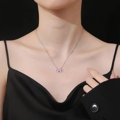 925 Sterling Silver Stylish Sweet Pink Bow Zircon Necklace Birthday Party Anniversary Gift Ladies Jewelry