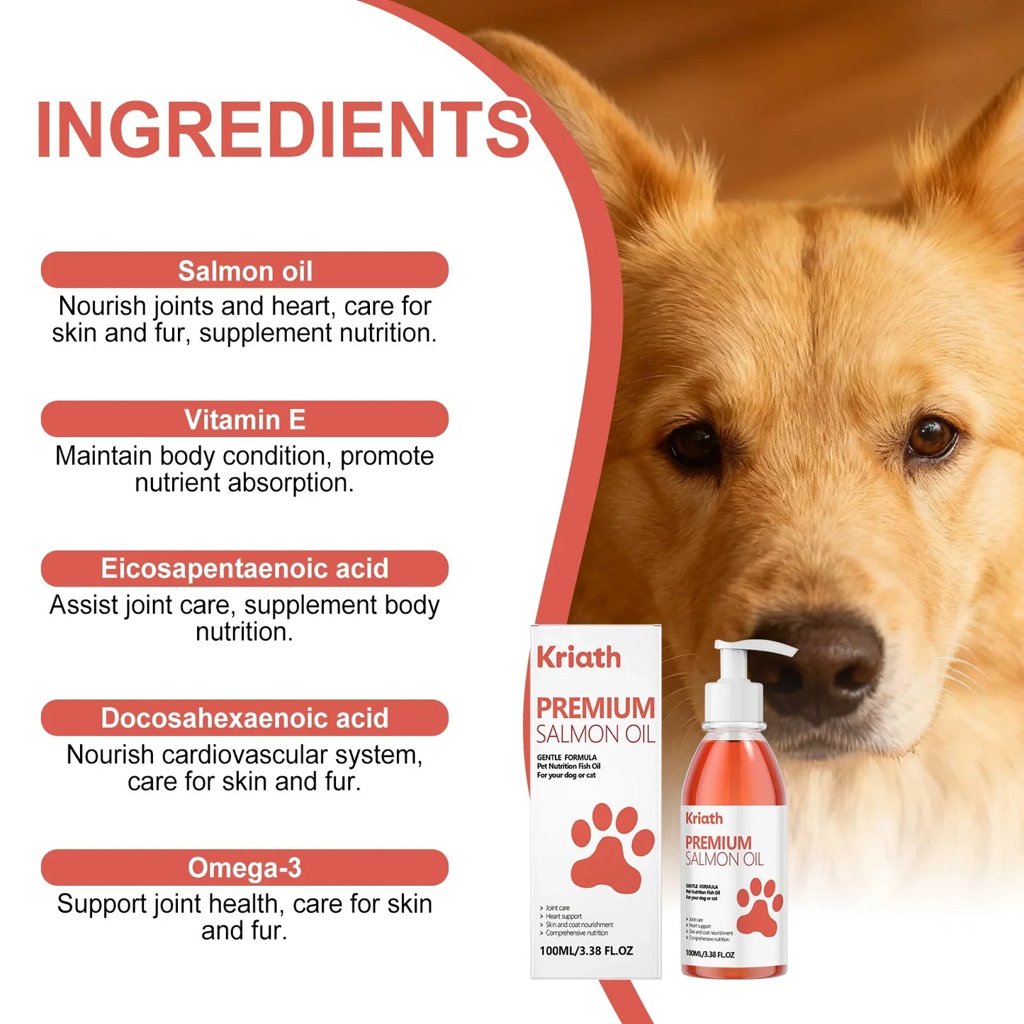 100ml Premium Salmon Oil for Dogs Omega 3 Fish Oil Liquid Supplement for Shiny Coat Dry Skin Relief Joint & Heart Care