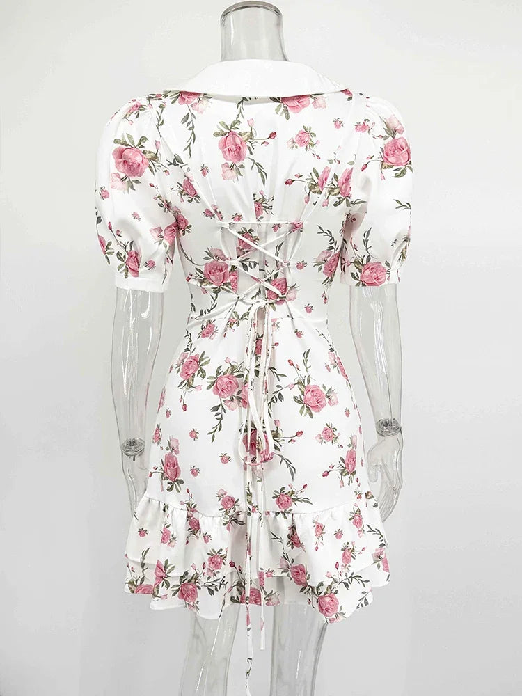 Puff Sleeve V-Neck Mini Dress | Printed Ruffled Pearl Button Dress - Femstylo