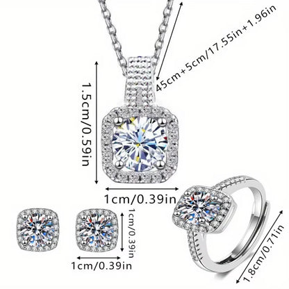 3pcs Set Luxury Brand Shiny Geometric Square Zircon Necklace Earring