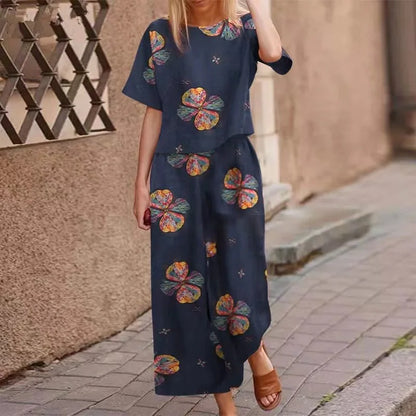 Autumn New Women's Fashion Printed Cotton Linen Plant Flower Three