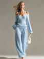 Women Sexy Off-shoulder Long-sleeved T-shirt Trousers 2piece Set Fashion Loose Elegant Color-blocked Pocket Trousers Female Suit