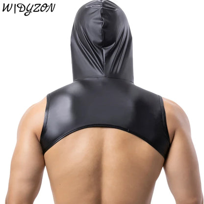 Mens Faux Leather Undershirts Sleeveless Hooded Tops Male Tank Tops Nightclub Stage Clothes Sexy Vests for Men