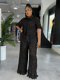 Streetwear Hollow Out Lace Casual Pants Outfits Sexy Women Two Pieces Club Matching Set Top+Trousers