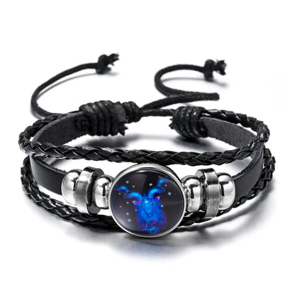 Luminous 12 Zodiac Constellation Sign Braided Couples Leather Bracelet For men Black Rope Charm Party Grow in the dark Jewelry