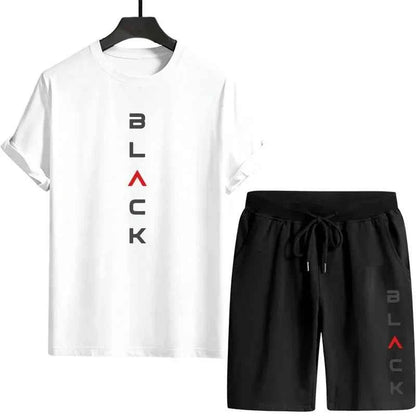 Men's Black Letter Print Summer Short Set