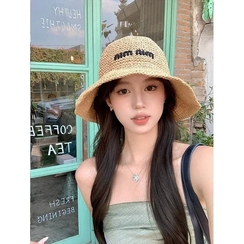 2025 Letter Sun Hat for Women Straw Beach Hats Women Large Wide Brim  Foldable Hat  Fashion Designer Outdoor Korean Bucket Hat