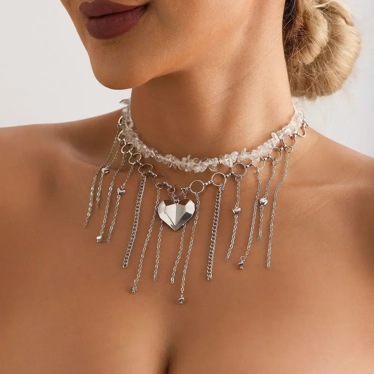 Fashion Heart Beaded Necklace for Women Boho Elegant Irregular Crystal Chain Y2K Choker Exquisite Party Gift Jewelry Accessories
