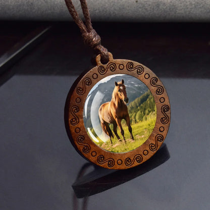 Horse Necklaces White Brown Horse Galloping Glass Dome Vintage Wooden Pendant Rope Chains Necklace Women Men Goth Jewelry Gift