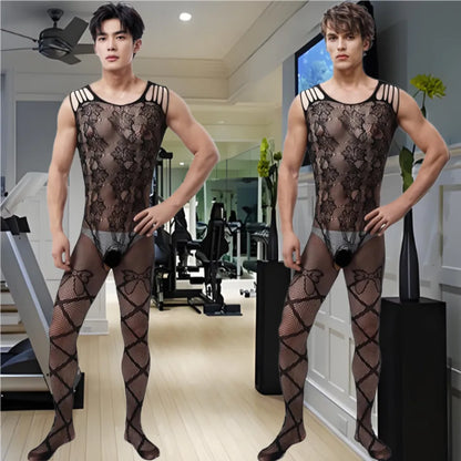 Sexy Adult Couple Sex Tоy 2025 Man's Fishnet Lingerie Jumpsuits Male Sheer Babydoll Nightwear Sleepwear Porn Gentlemen Underwear