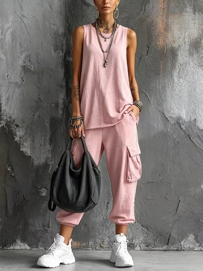 Boho Vacation Summer Sport Outfits Woman O Neck Sleeveless Top Big