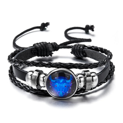Luminous 12 Zodiac Constellation Sign Braided Couples Leather Bracelet For men Black Rope Charm Party Grow in the dark Jewelry