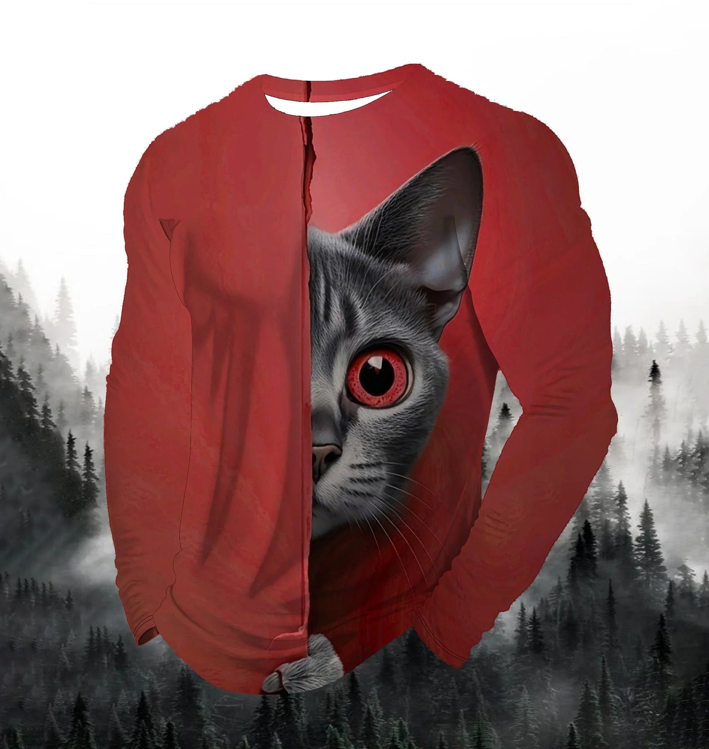 Visual Kitten Fashion Print Men's T-shirt Fashion Long Sleeve T-shirt Casual Round Neck Street Top Loose Pullover Autumn